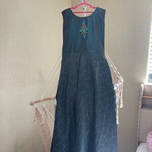 4 Piece Dark Teal Dress with Matching Coatee, Leggings, and Dupatta